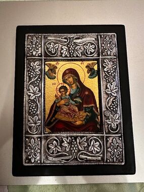 VTG Holy Icon Virgin Mary & Jesus Orthodox w 950 Silver Border & Gilt Byzantine
